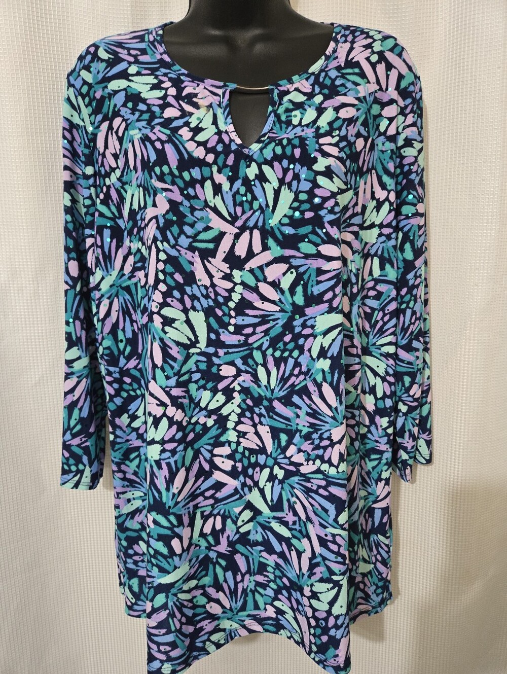 Women's Keyhole Tunic Blouse - Navy with Teal & Lavender Print